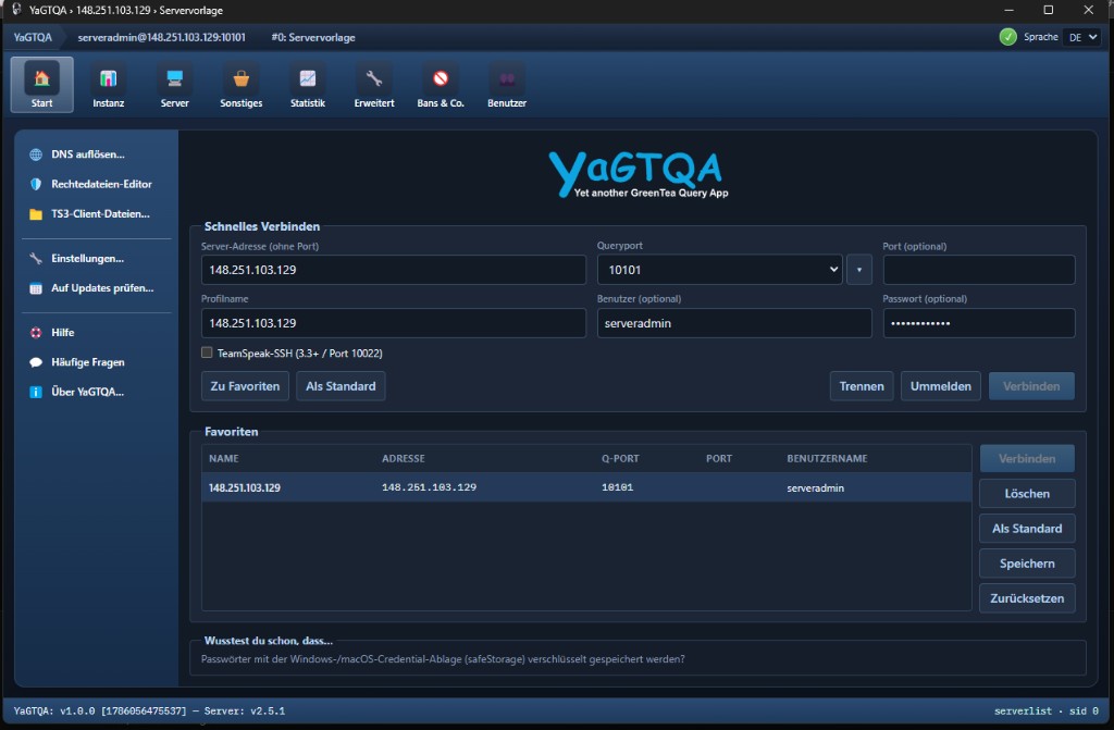 YaGtQA Startbildschirm mit Schnellverbinden und Favoriten